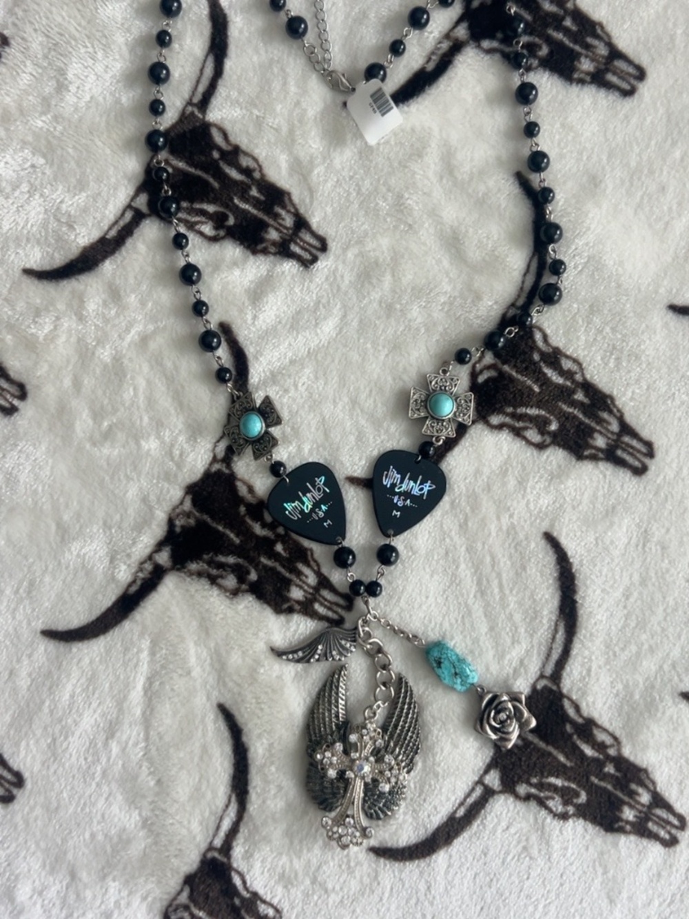 Apricot Lane Jim Dunlop Guitar Pick Turquoise Cross Wing Charm Necklace